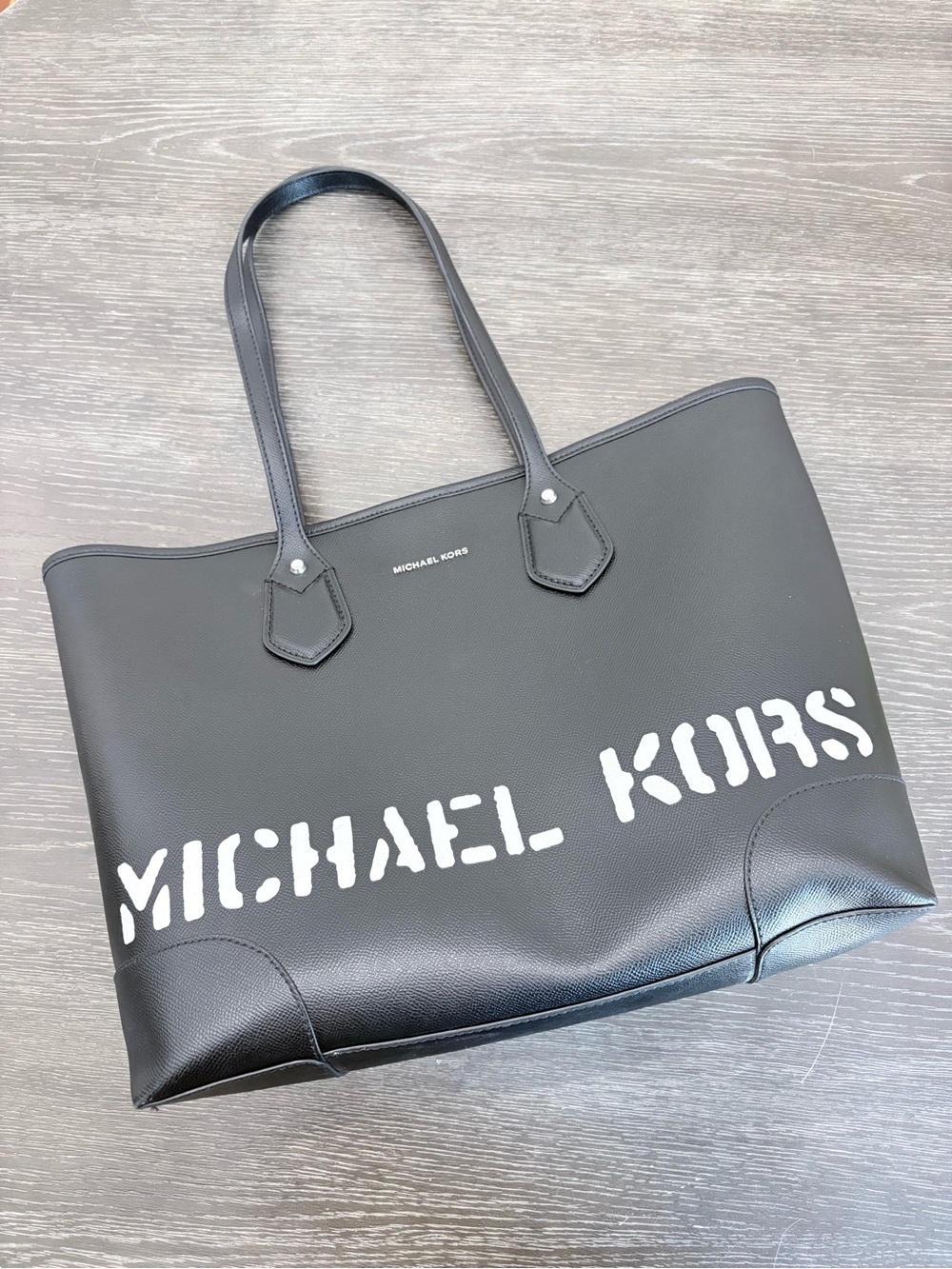 Michael Kors Black Leather Tote with White Stencil Logo